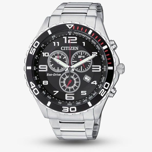 Citizen Eco-Drive Mens Black Dial Chronograph Stainless Steel Watch AT2121-50E