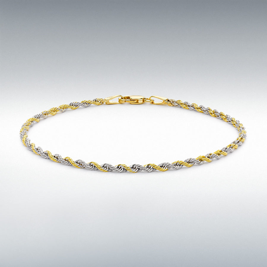9ct Yellow Gold and White Gold 40 Hollow Rope Chain Bracelet 19cm, 7.5"