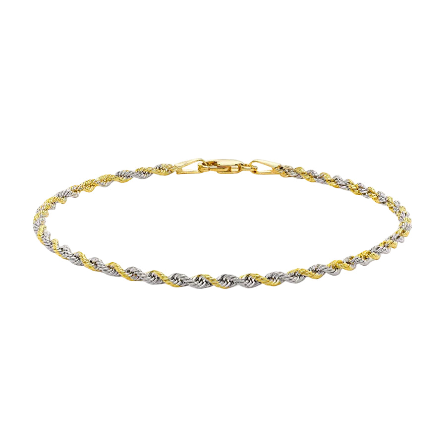 9ct Yellow Gold and White Gold 40 Hollow Rope Chain Bracelet 19cm, 7.5"