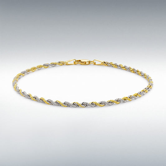 9ct Yellow Gold and White Gold 40 Hollow Rope Chain Bracelet 19cm, 7.5"