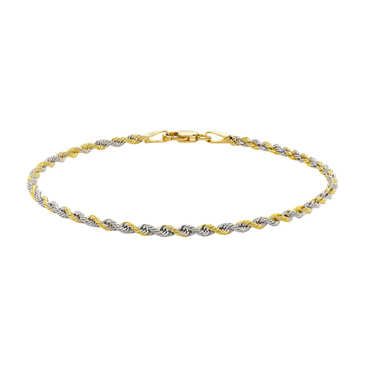 9ct Yellow Gold and White Gold 40 Hollow Rope Chain Bracelet 19cm, 7.5"