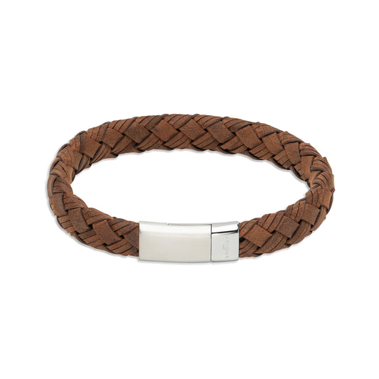 Unique & Co Brown Leather Stainless Steel Bracelet 21cm