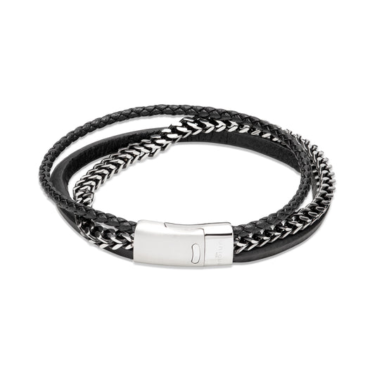 Unique & Co Black Leather and Stainless Steel Chain Bracelet 21cm