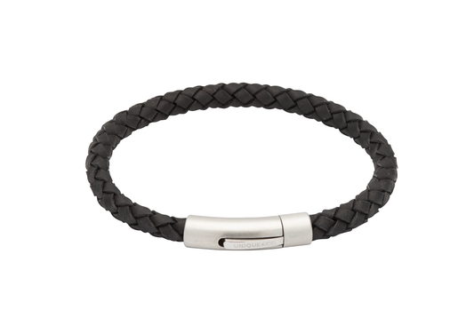 Unique & Co Black Leather Stainless Steel Bracelet 21cm