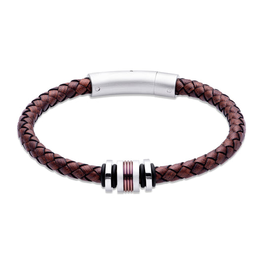 Unique & Co Brown Leather Bracelet with Stainless Steel 19cm