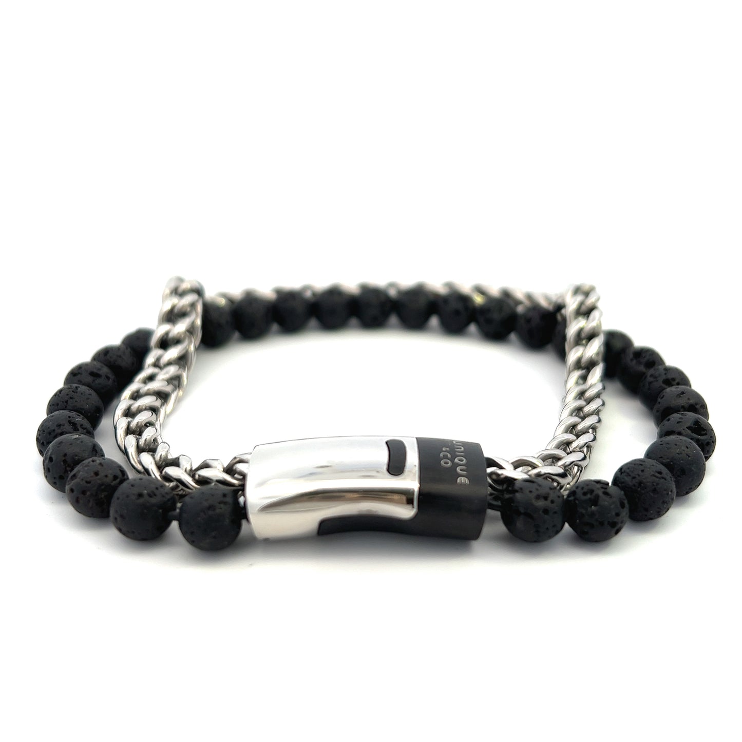 Unique & Co Lava Stone Beads With Steel Chain Two Strand Bracelet 23cms