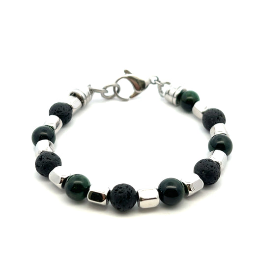 Unique & Co Stainless Steel Lava And Green Tigers Eye Bead Bracelet 19cm