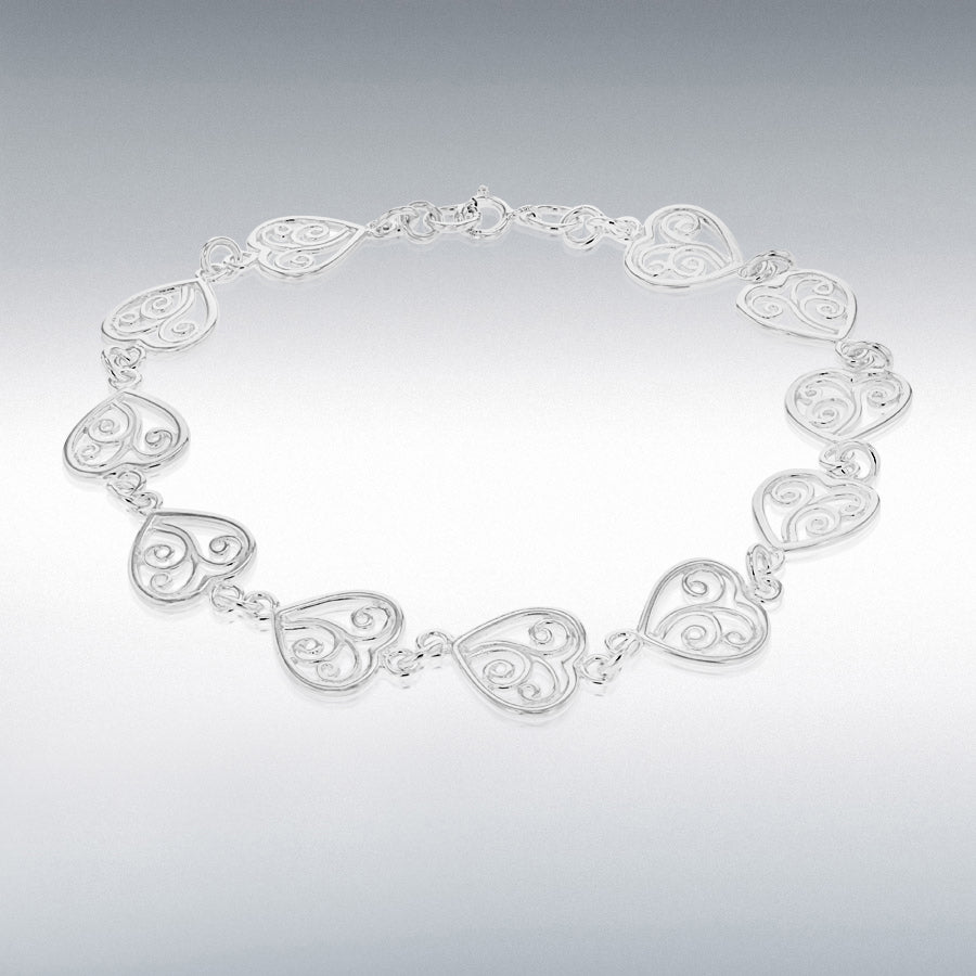 Sterling Silver 10mm Filigree Heart Bracelet 7.5"