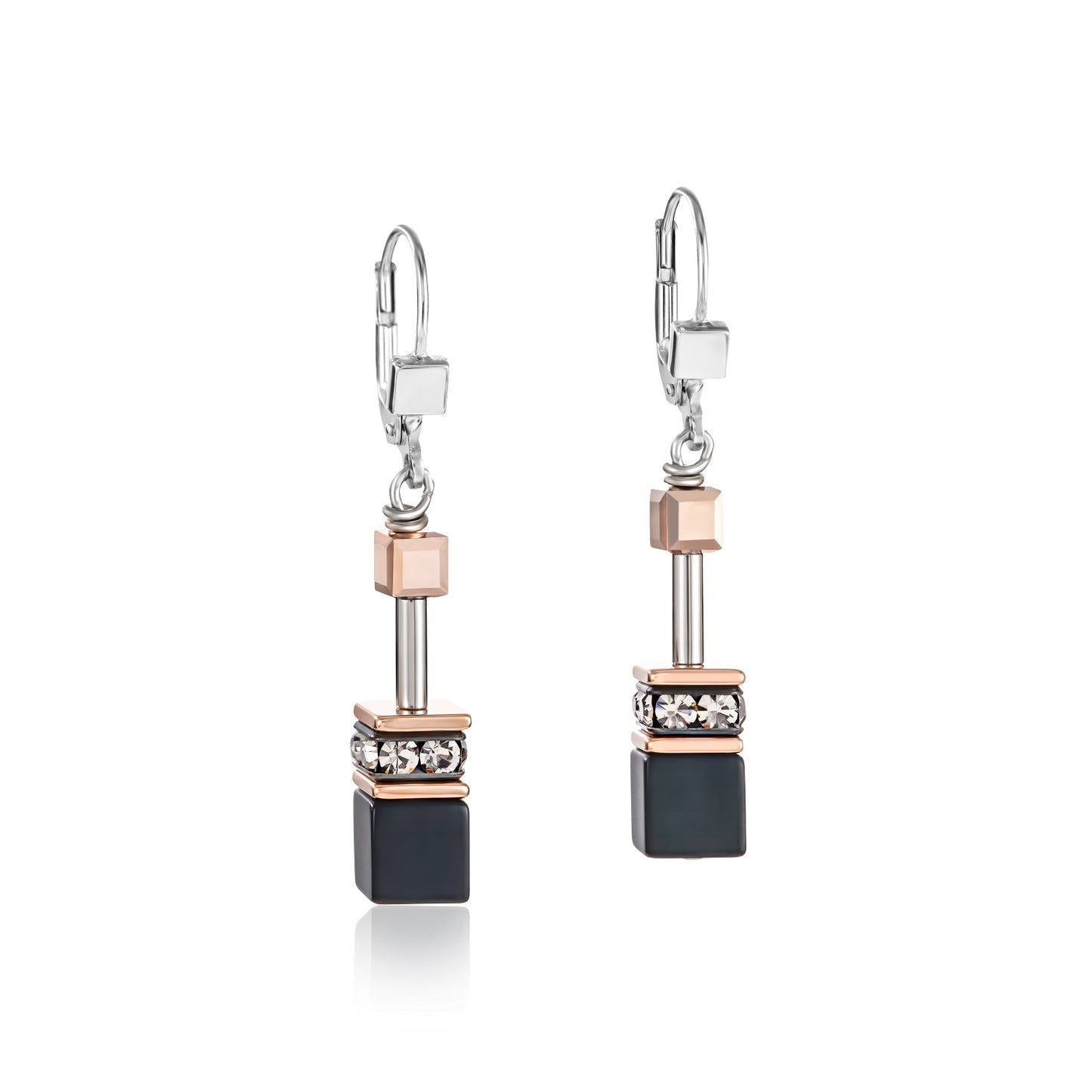 Coeur De Lion GeoCUBE® Stainless Steel Drop Earrings with Onyx and Rose Gold Plate