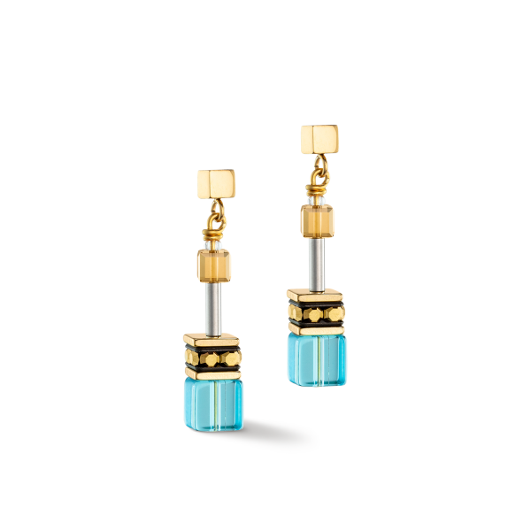 Coeur De Lion Geo Cube Yellow Gold Plated Blue Crystal Drop Earrings