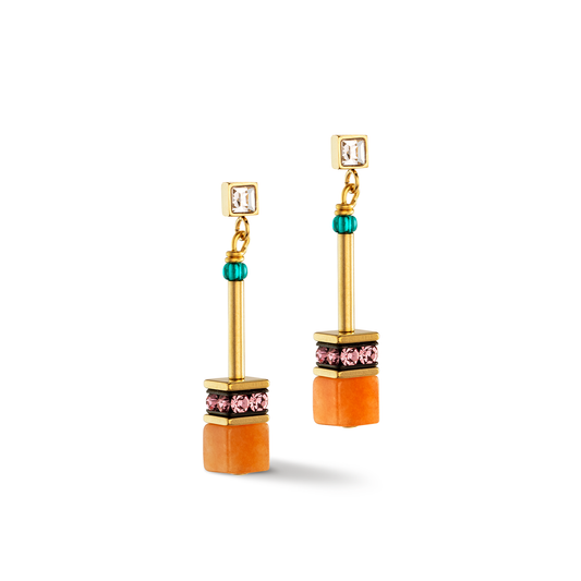 Coeur De Lion Geo Cube Yellow Gold Plated Multicoloured Crystal Drop Earrings