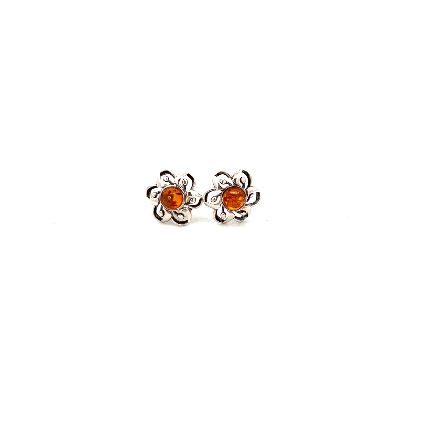 Sterling Silver Amber Flower Stud Earrings