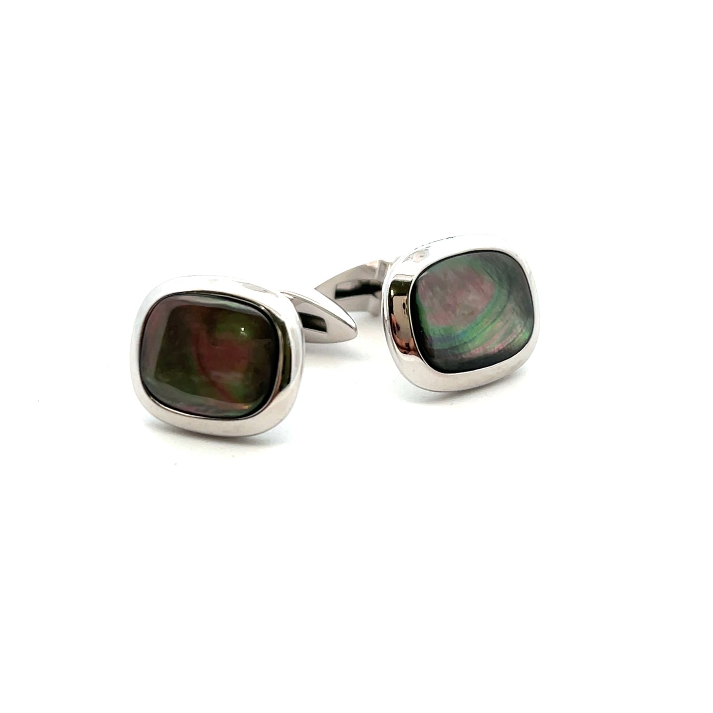 Sterling Silver Dark Grey Mother Of Pearl Cushion Shaped T-Bar Cufflinks