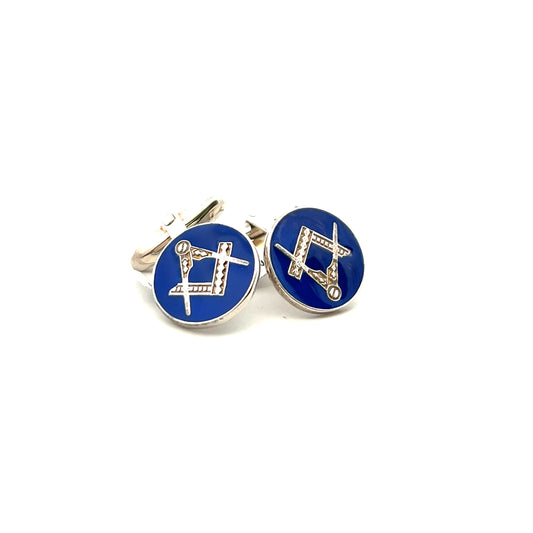 Sterling Silver Round Blue Masonic T Bar Cufflinks