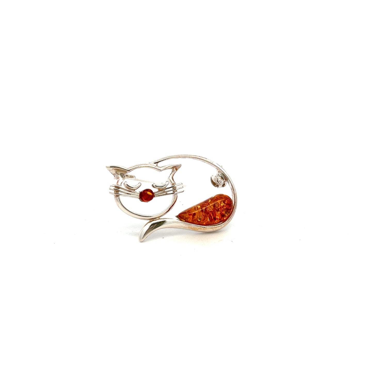 Sterling Silver Amber Cat Brooch