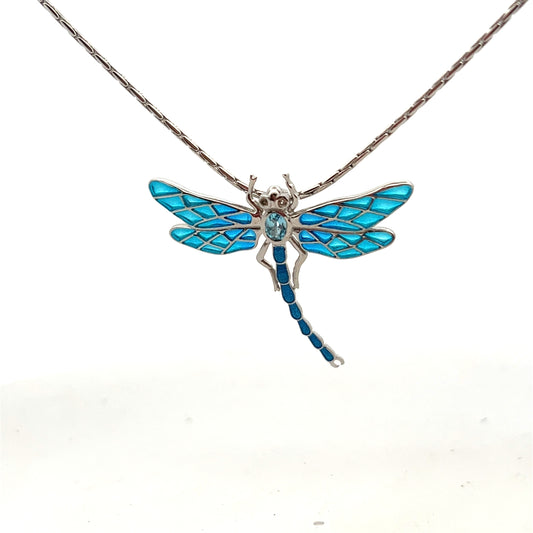 Sterling Silver Blue Topaz And Blue Enamel Dragonfly Pendant And Chain
