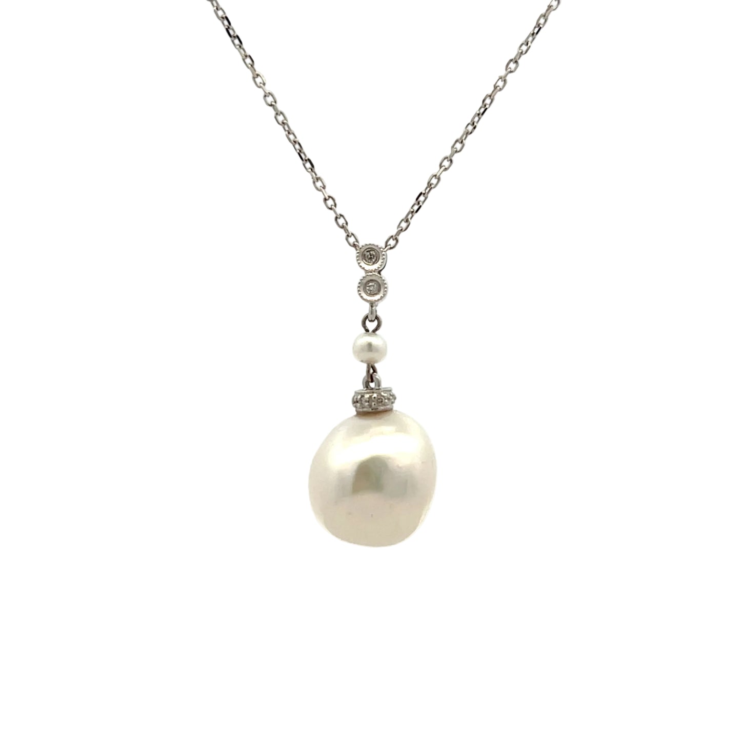 18ct White Gold Baroque Pearl and Diamond Drop Pendant