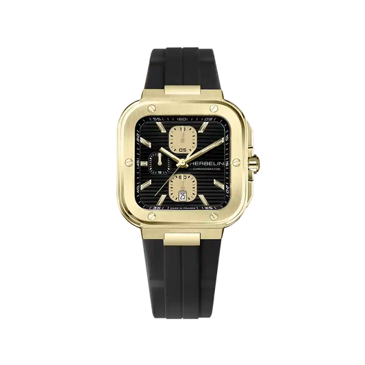 Herbelin Cap Camarat Black Dial Chronograph PVD Gold Strap Watch 35646P1N14CA