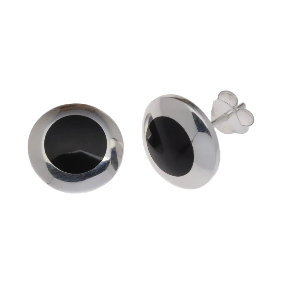 Sterling Silver Round Black Onyx Disc Stud Earrings