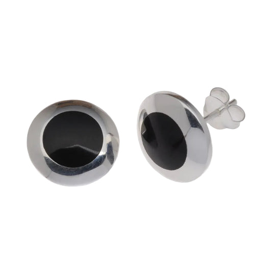 Sterling Silver Round Black Onyx Disc Stud Earrings