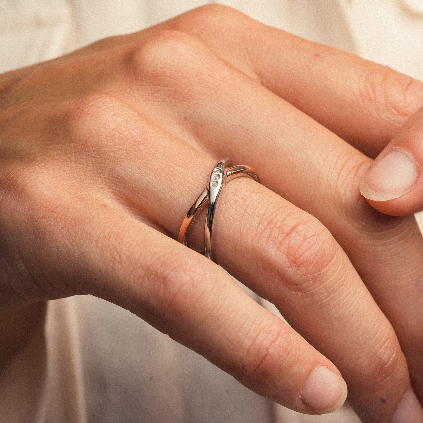 Clogau Ripples Cross Over White Topaz Ring Size P