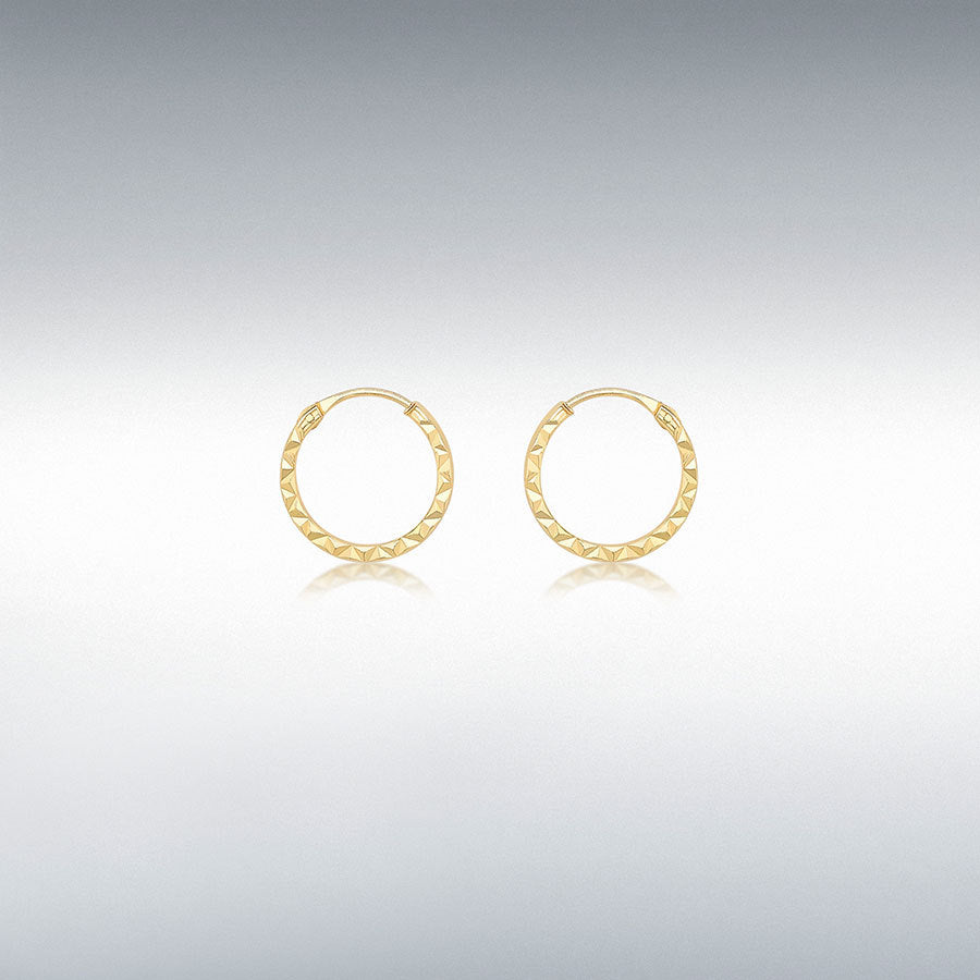 9ct Yellow Gold 1mm Tube 10mm Diamond Cut Hoop Earrings