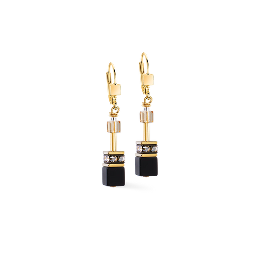 Coeur De Lion Geo Cube Black Yellow Gold Plated Drop Earrings