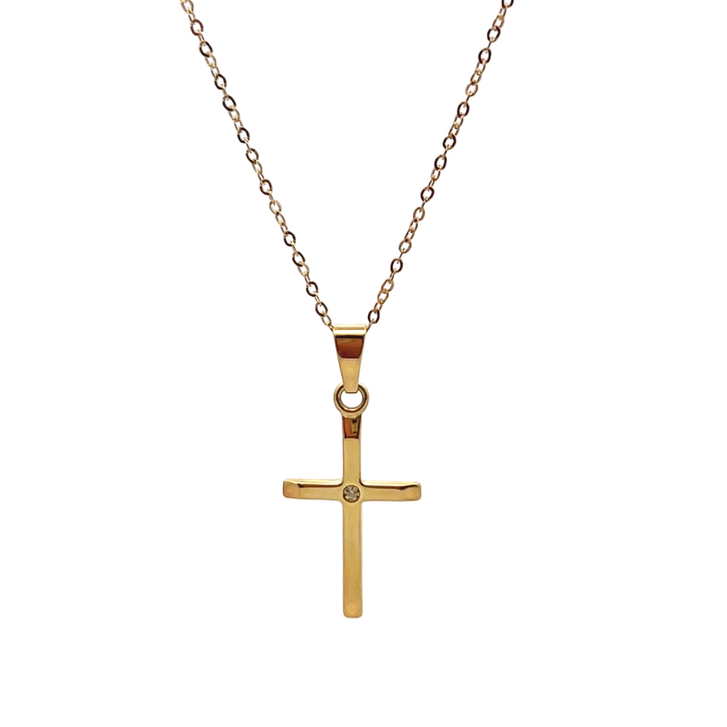 9ct Yellow Gold Diamond Set Plain Cross and Chain