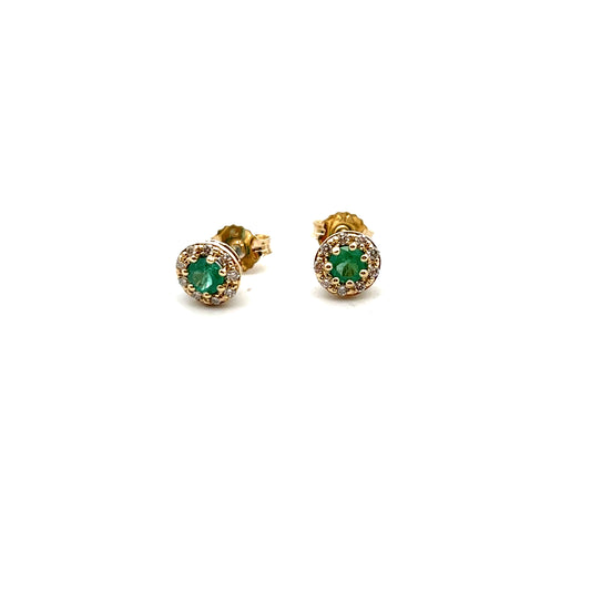 9ct Yellow Gold Emerald and Diamond Round Cluster Stud Earrings