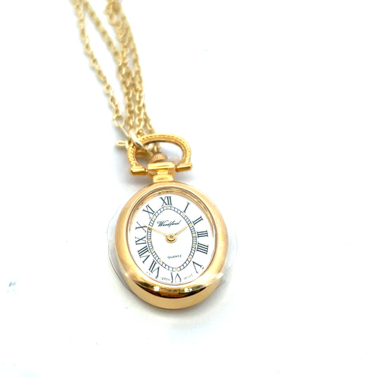 Gold Plated Oval Quartz Pendant Watch and 28" Chain