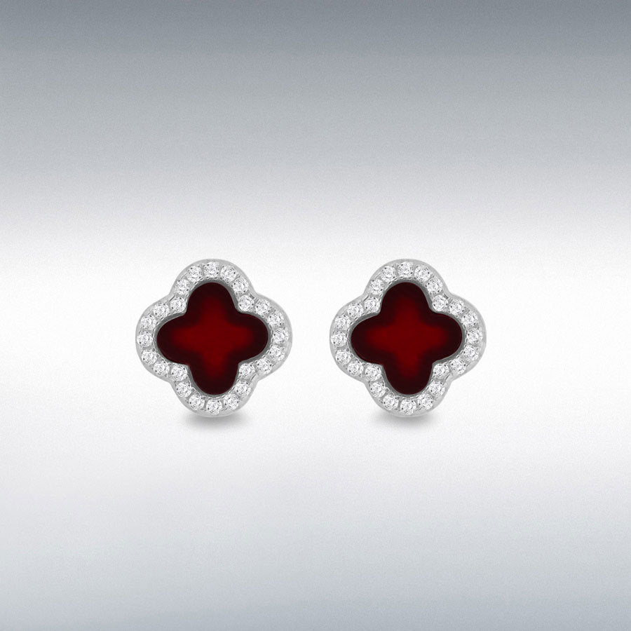 Sterling Silver Red Agate & Cubic Zirconia Four Petal Stud Earrings