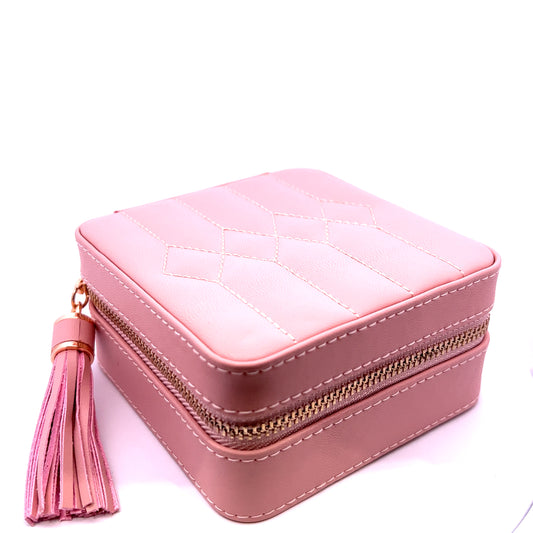 Pink Faux Leather Quilt Travel Jewellery Box