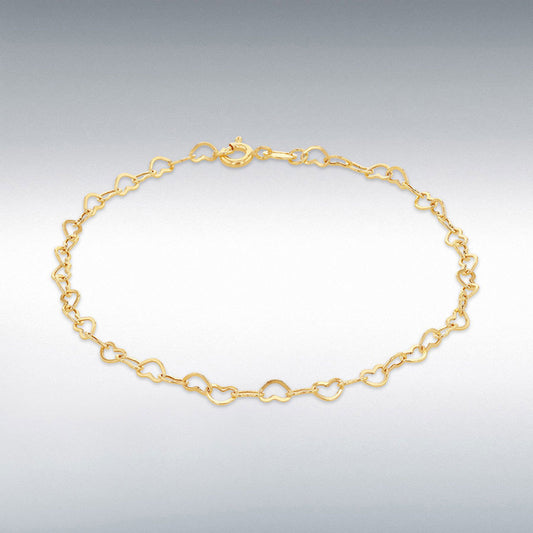 9ct Yellow Gold Mini Open Heart Bracelet 18cm, 7"