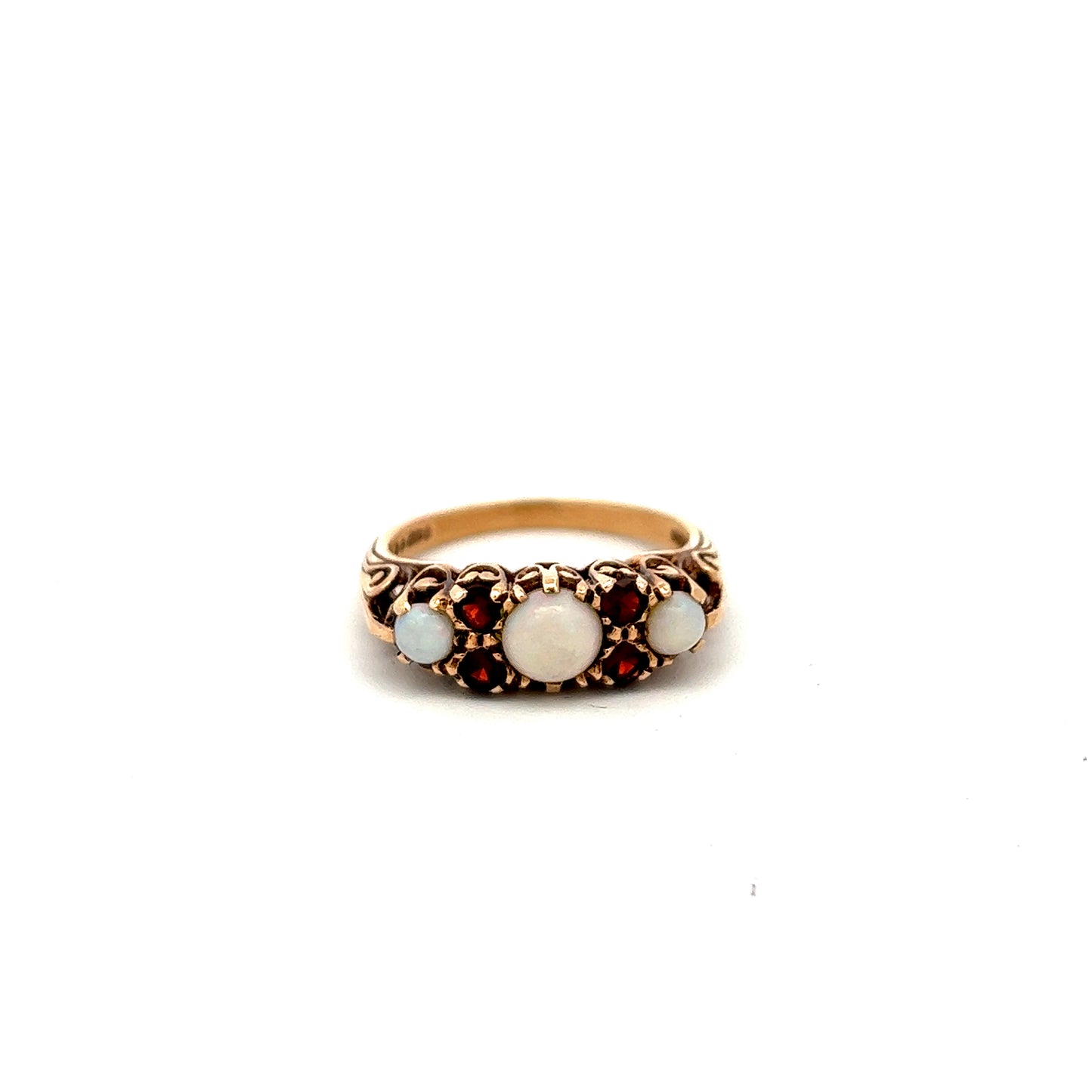 Pre-Owned 9ct Gold Garnet And Opal Seven Stone Ring Size R