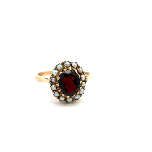 Pre-Owned 9ct Gold Garnet And Half Pearl Cluster Ring Size S