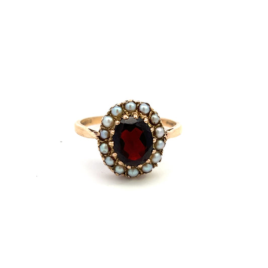 Pre-Owned 9ct Gold Garnet And Half Pearl Cluster Ring Size S