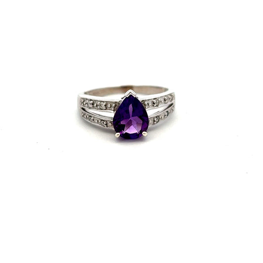 Pre-Owned 9ct White Gold Amethyst Pear Cut & Diamond Ring Size O