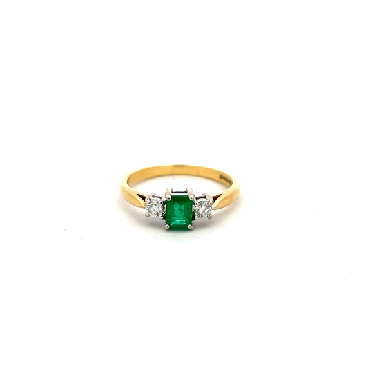 Pre-Owned 18ct Gold Emerald And Diamond Three Stone Ring Size K
