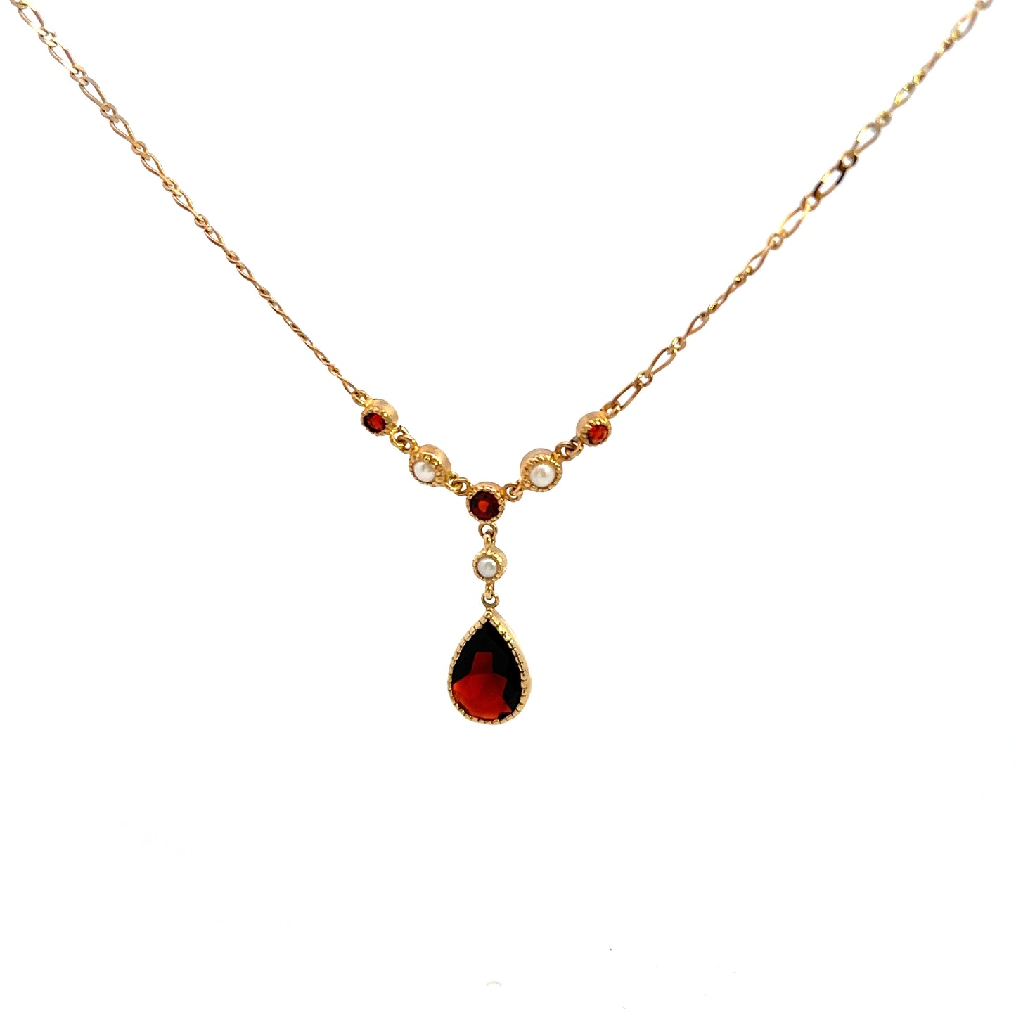 Pre-Owned 9ct Gold Garnet And Seed Pearl Necklace