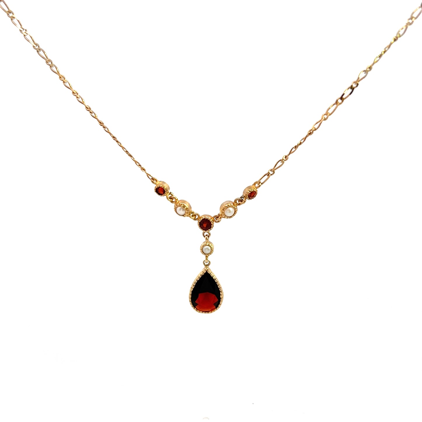 Pre-Owned 9ct Gold Garnet And Seed Pearl Necklace