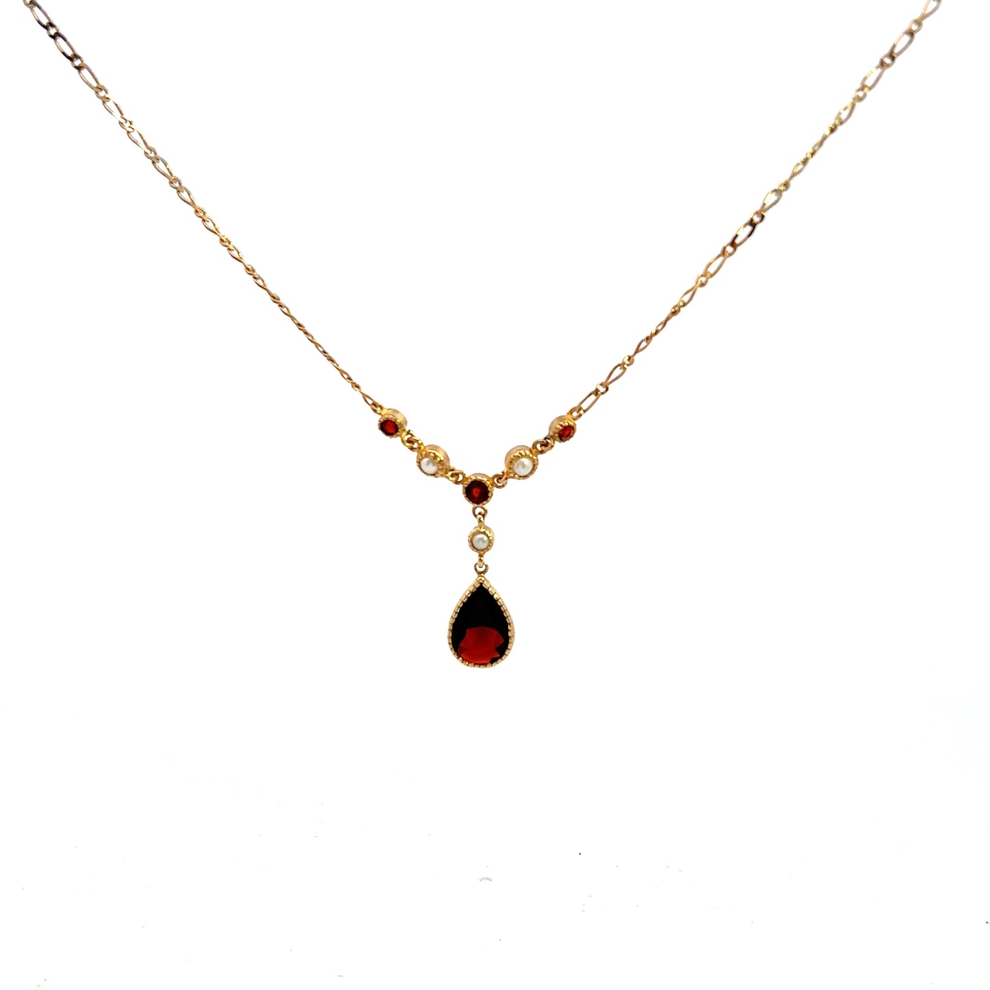 Pre-Owned 9ct Gold Garnet And Seed Pearl Necklace