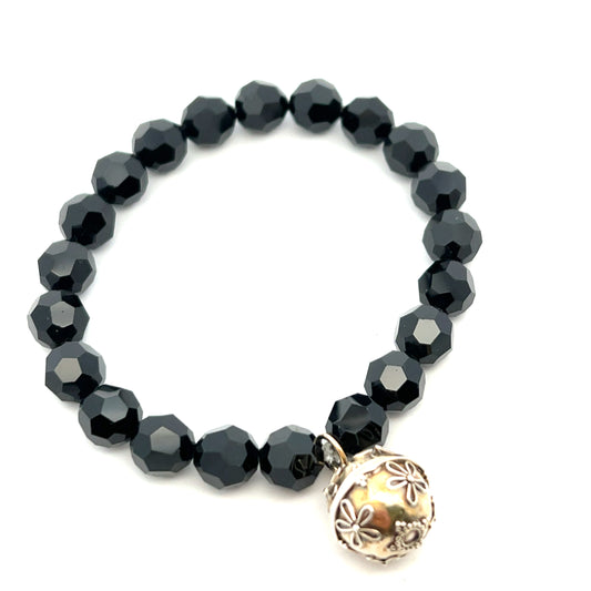 Pre-Owned Black Crystal Stretch Bracelet with Silver Dropper Charm