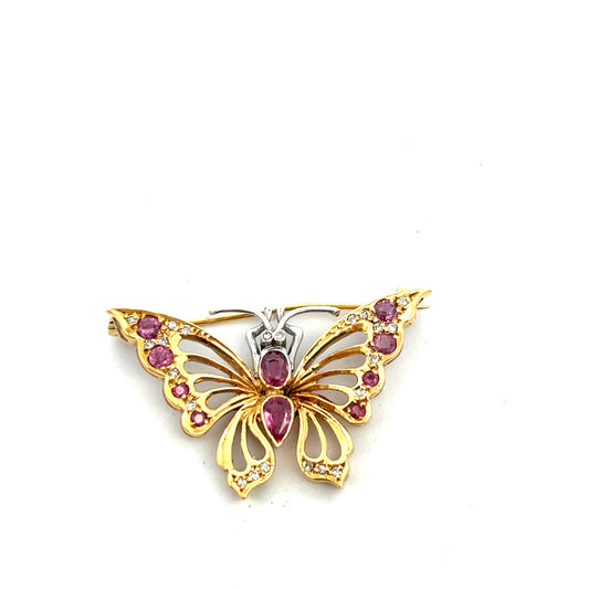 Pre-Owned 18ct Yellow Gold Pink Sapphire and Diamond Butterfly Brooch