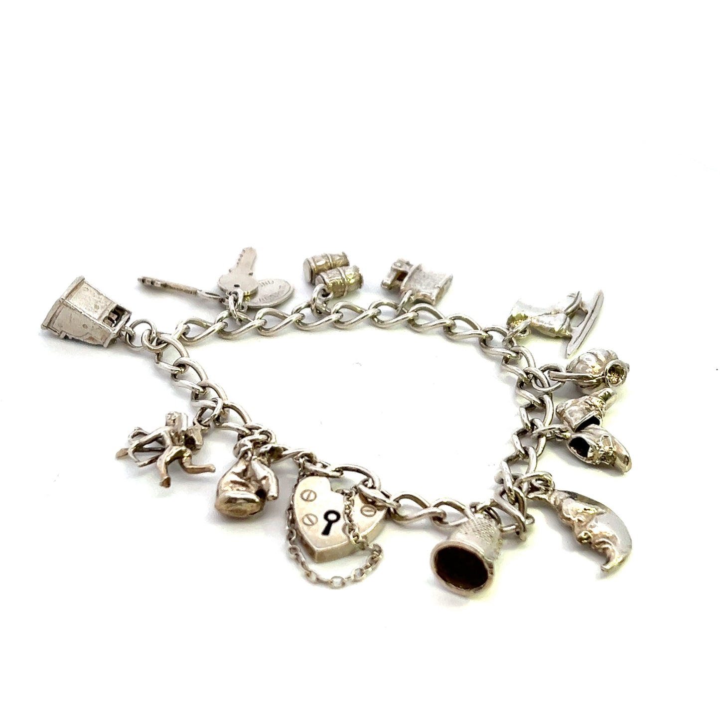 Pre Owned Silver Bracelet With Eleven Assorted Charms