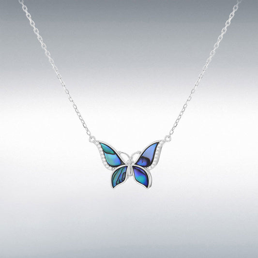 Sterling Silver Paua Shell and Cubic Zirconia Butterfly Necklace