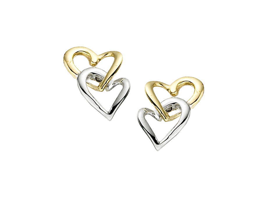 9ct White and Gold Double Open Heart Stud Earrings