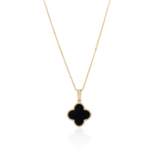 9ct Yellow Gold Black Onyx Bead Edge Flower Pendant with Chain