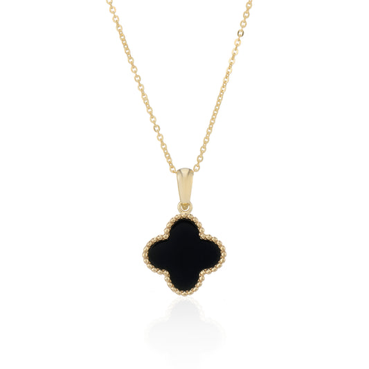 9ct Yellow Gold Black Onyx Bead Edge Flower Pendant with Chain