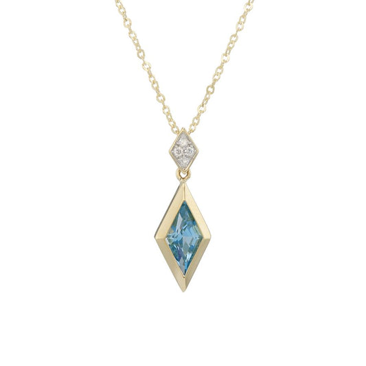 9ct Yellow Gold Kite Cut Swiss Blue Topaz and Diamond Necklace