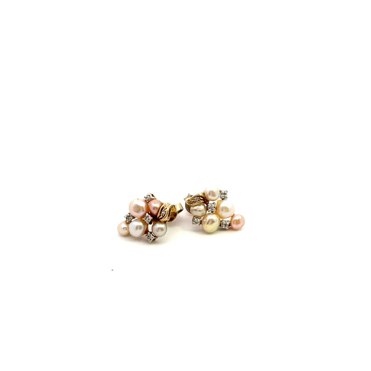Pre-Owned 9ct Gold Coloured Pearl And Diamond Stud Earrings